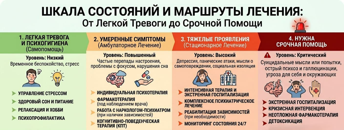 Визуальная шкала от легкой тревоги до состояния, требующего срочной психиатрической помощи
